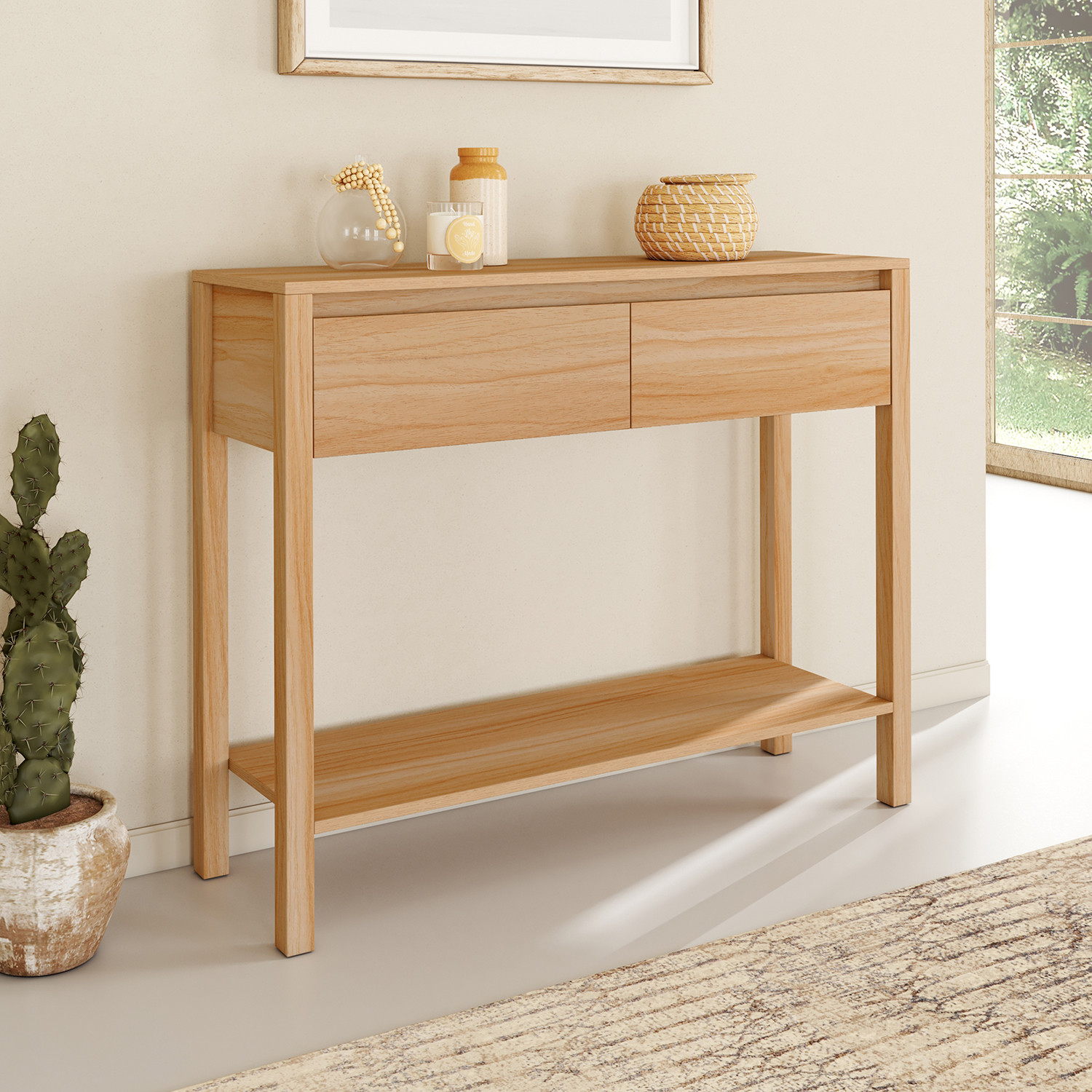 Console effet teck 2 tiroirs 1 étagère