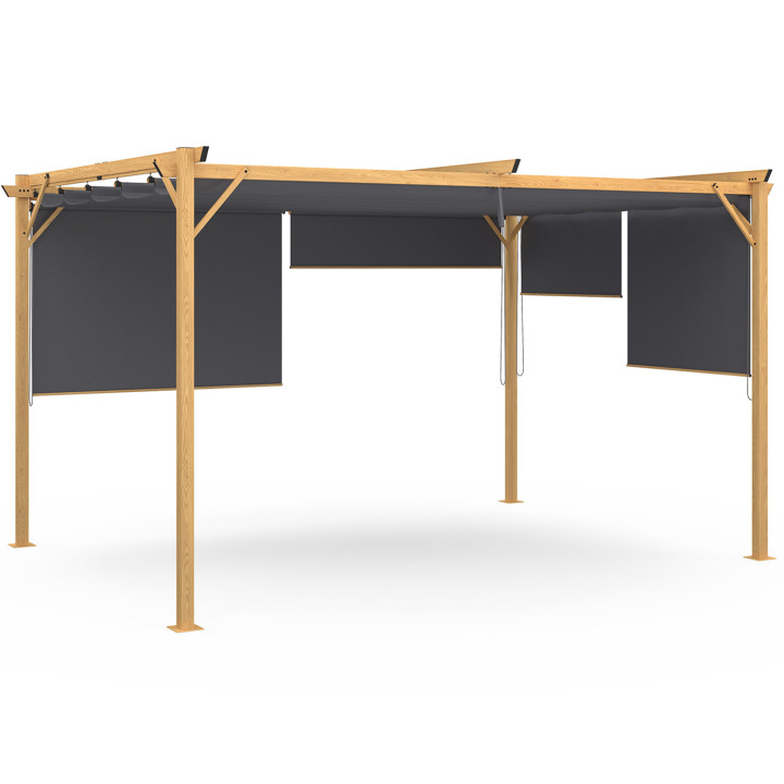 Pergola effet bois toit rétractable 3x4M et 4 stores gris anthracite | ID Market Pergola effet bois toit rétractable 3x4M et 4 stores gris anthracite | ID Market