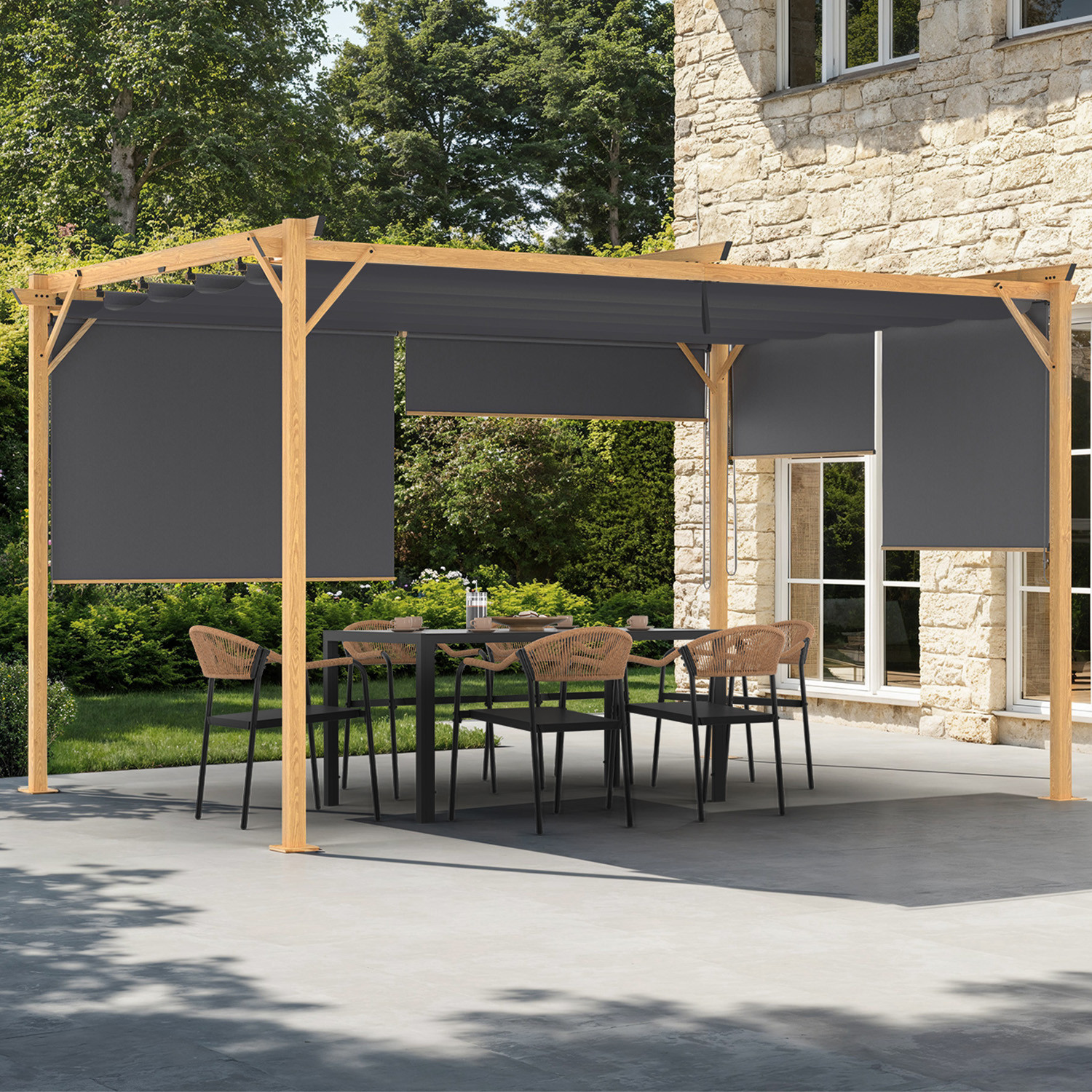 Pergola effet bois 3x4 M toit rétractable et 4 stores gris anthracite
