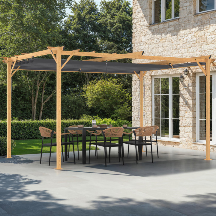 Pérgola efecto madera techo retráctil 3x4M y 4 toldos gris antracita | ID Market