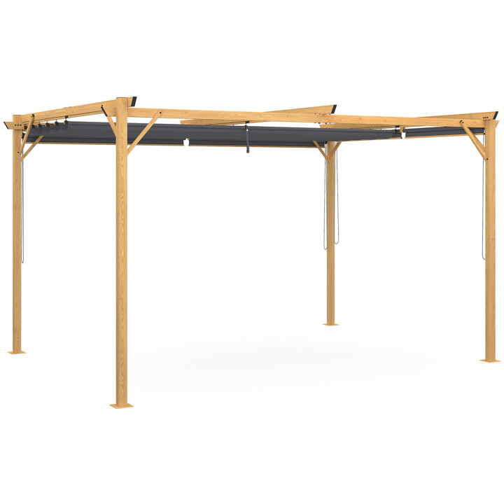 Pérgola efecto madera techo retráctil 3x4M y 4 toldos gris antracita | ID Market