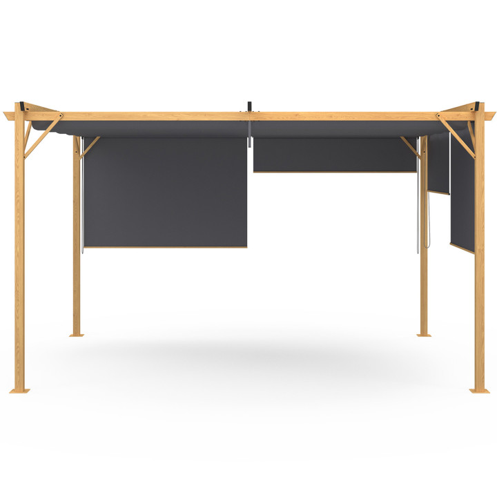 Pérgola efecto madera techo retráctil 3x4M y 4 toldos gris antracita | ID Market