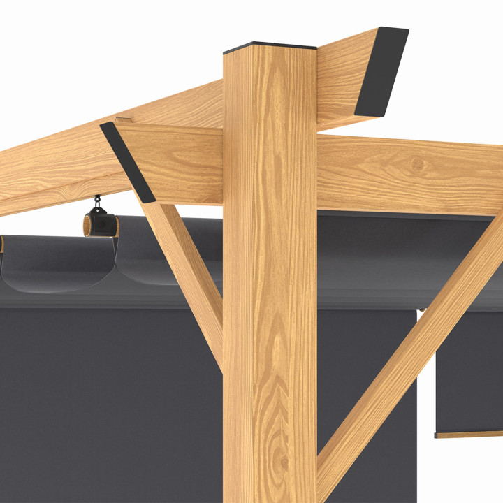 Pérgola efecto madera techo retráctil 3x4M y 4 toldos gris antracita | ID Market