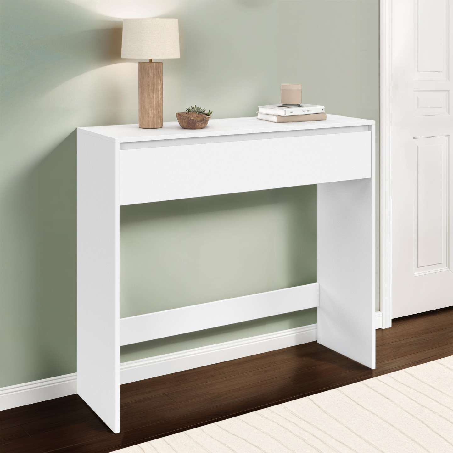 IDMarket - Consolle Scandinava BAHIA Con 1 Cassetto Effetto Trompe-l'oeil, Bianco E Legno, 105 Cm