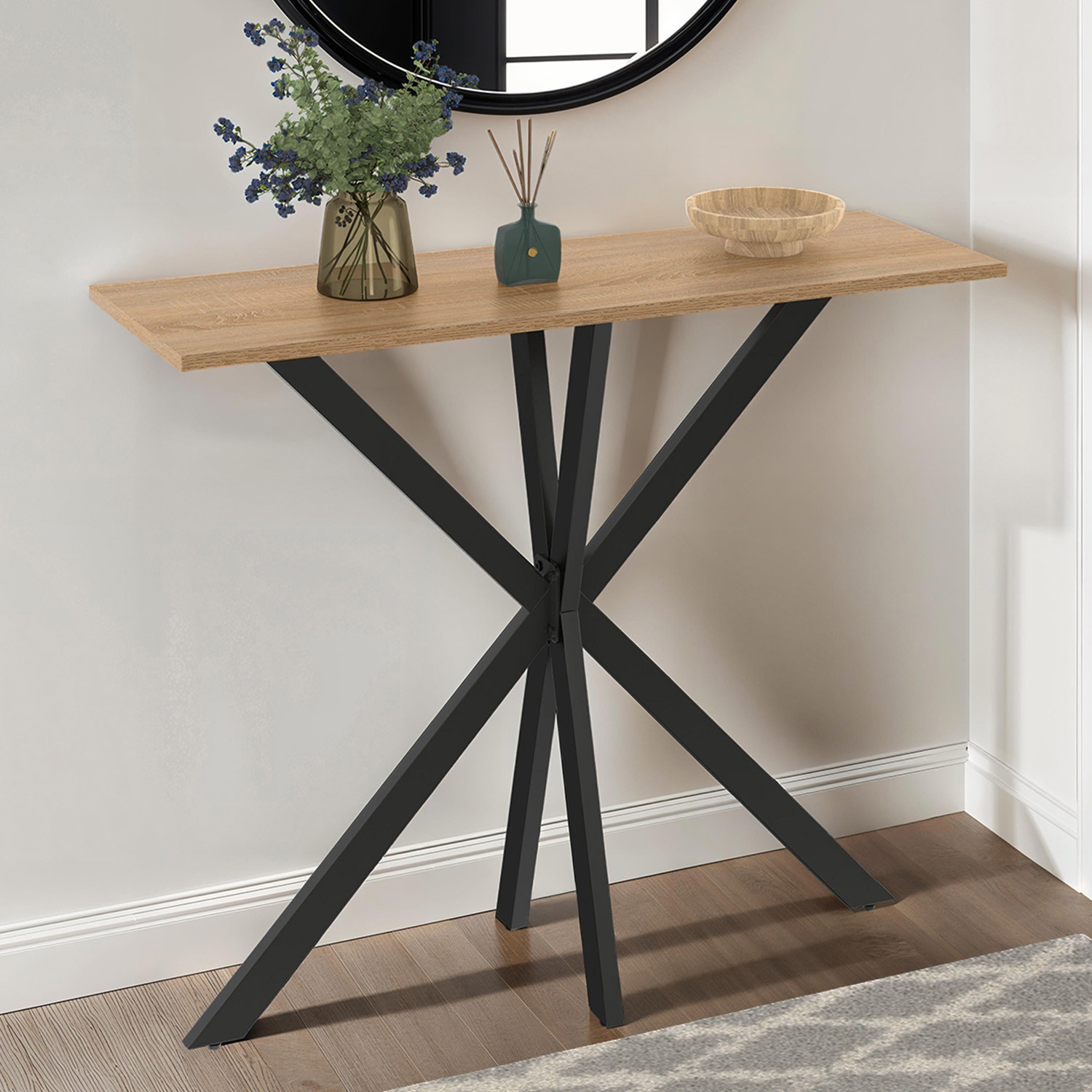Console en bois avec pied araignée métalique noir