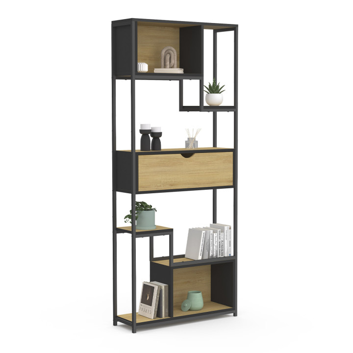DETROIT libreria asimmetrica a 6 livelli con cassetto dal design industriale 161 cm