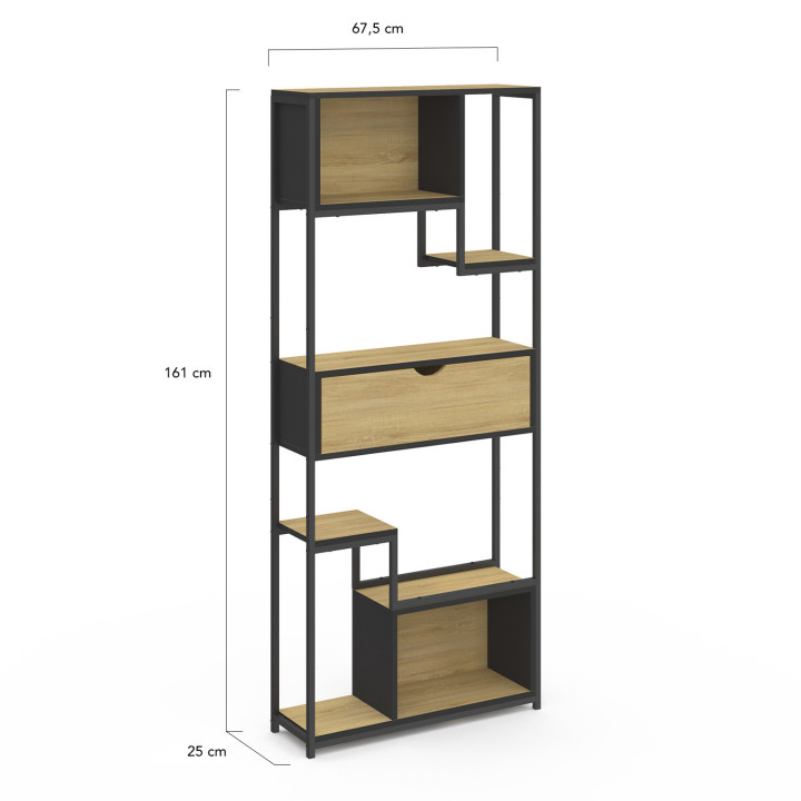 DETROIT libreria asimmetrica a 6 livelli con cassetto dal design industriale 161 cm