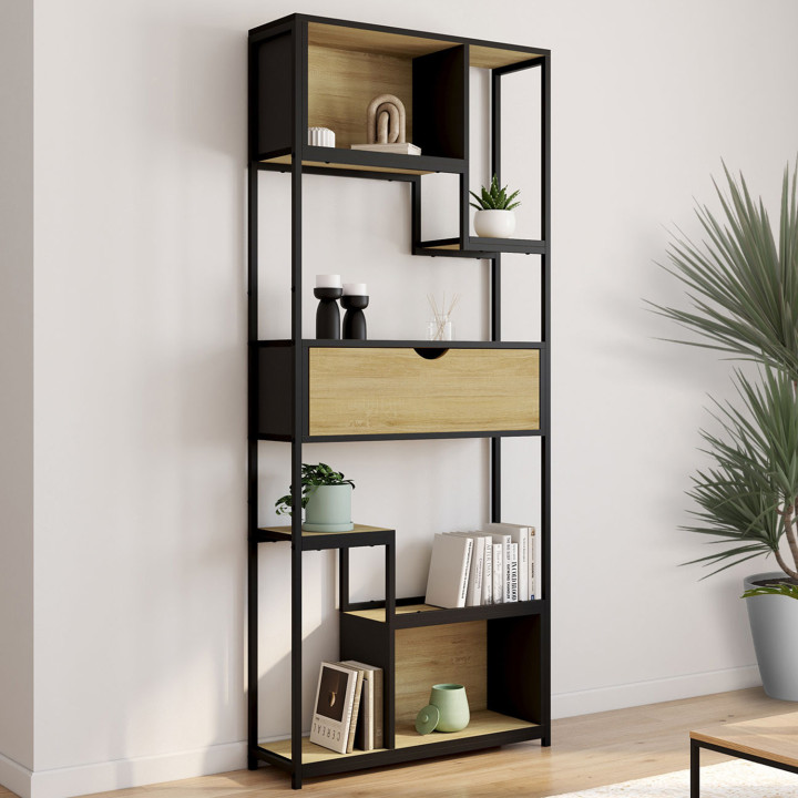 DETROIT libreria asimmetrica a 6 livelli con cassetto dal design industriale 161 cm