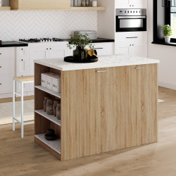 Ilot central TIBO 120 cm bois façon hêtre avec plan de travail terrazzo SIMONE