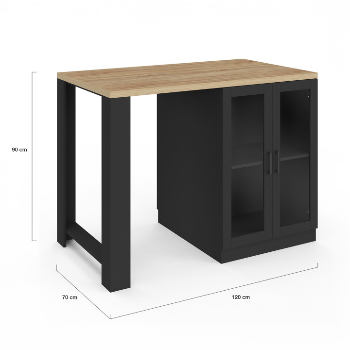 Ilot central LINO 120 cm 2 personnes bois noir avec plan de travail façon hêtre et portes vitrées