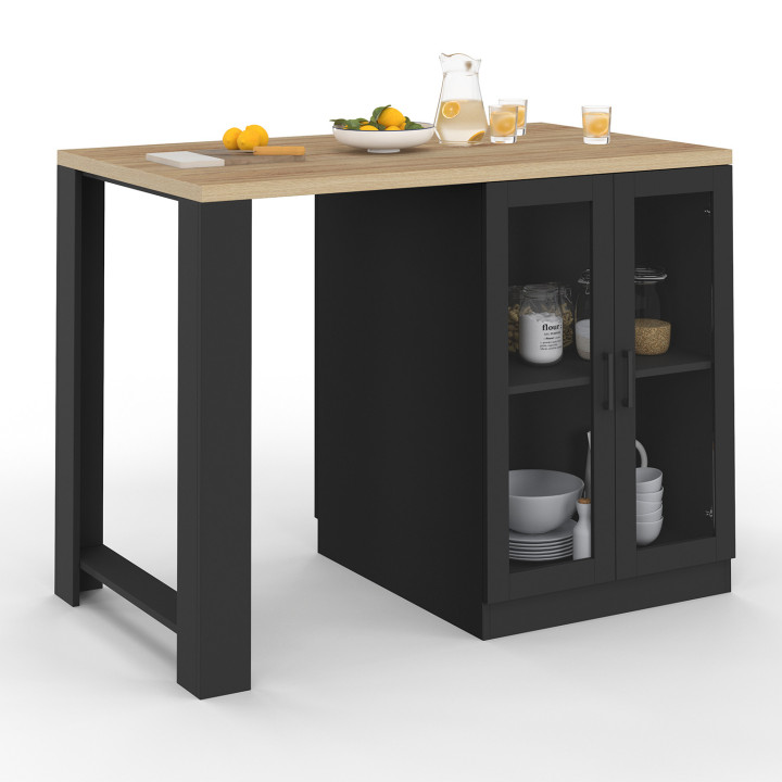 Isola centrale LINO 120 cm per 2 persone in legno nero con piano di lavoro effetto faggio e ante in vetro