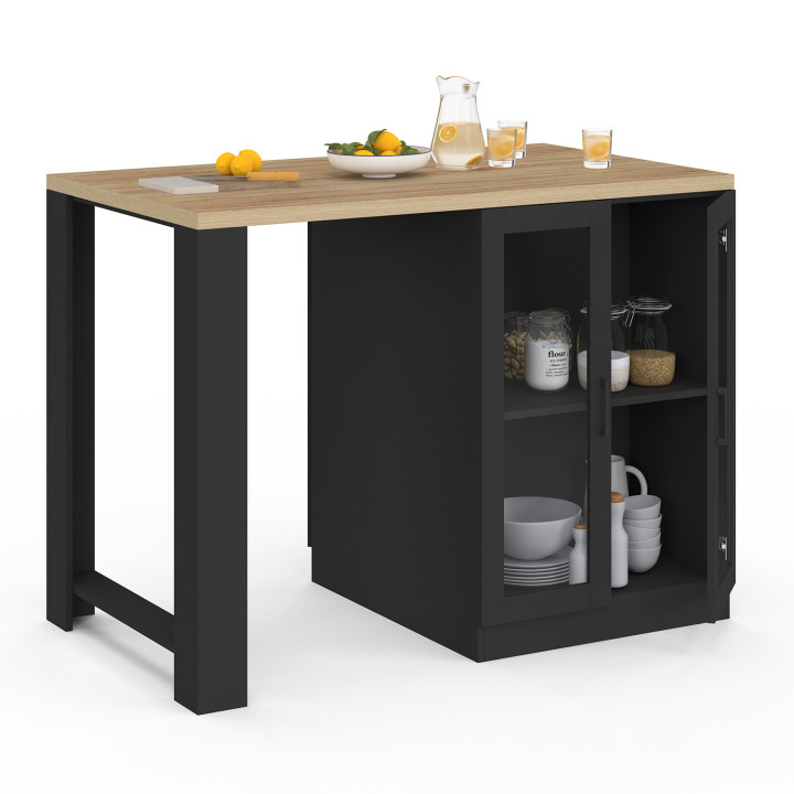 Ilot central LINO 120 cm 2 personnes bois noir avec plan de travail façon hêtre et portes vitrées