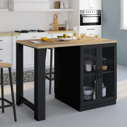 Ilot central LINO 120 cm 2 personnes bois noir avec plan de travail façon hêtre et portes vitrées