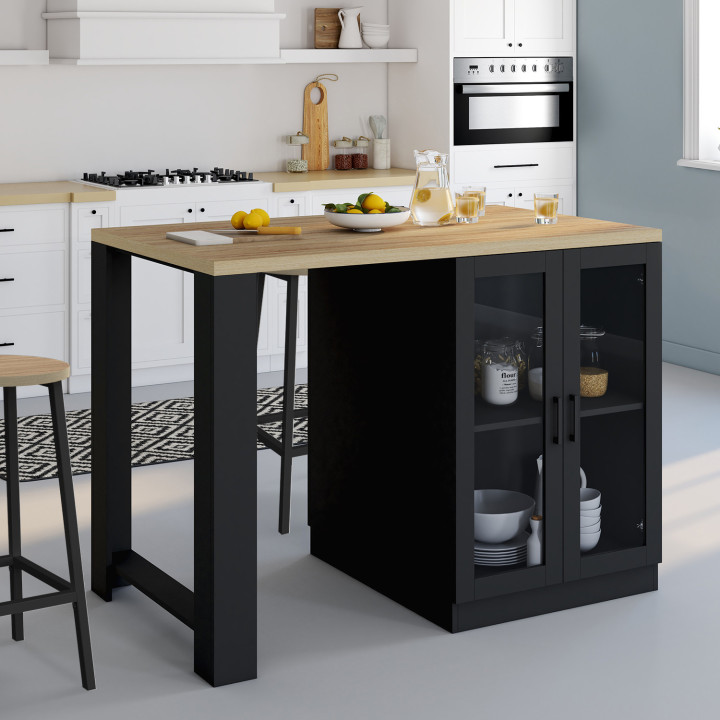 Ilot central LINO 120 cm 2 personnes bois noir avec plan de travail façon hêtre et portes vitrées