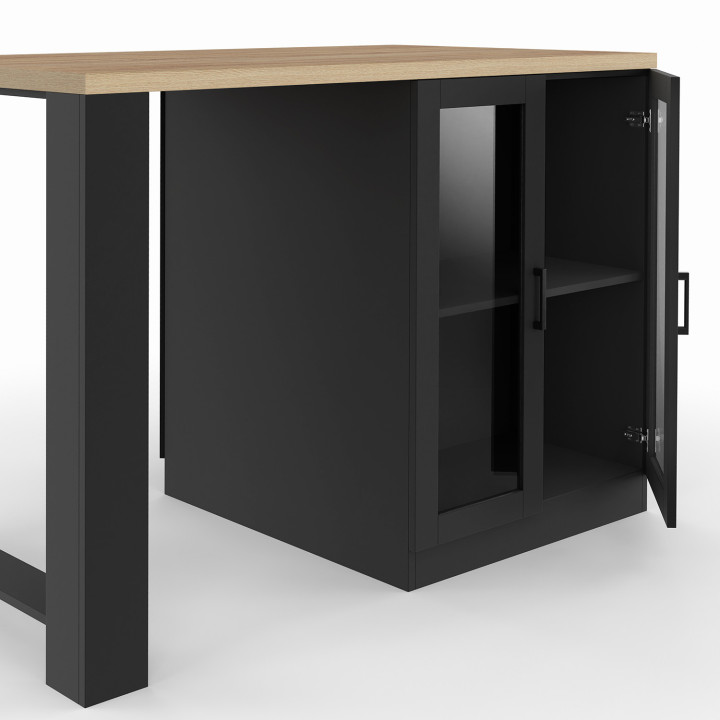 Ilot central LINO 120 cm 2 personnes bois noir avec plan de travail façon hêtre et portes vitrées
