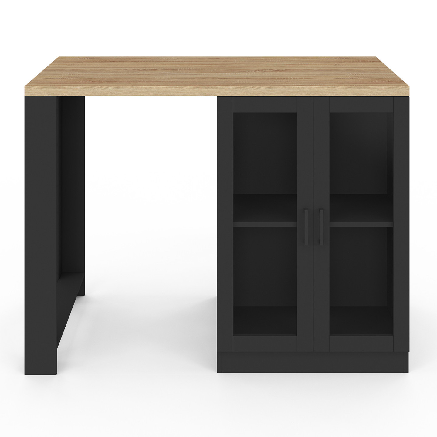 Îlot Central Cuisine Cesar 140 Cm - Bois Noir Et Plan De Travail Effet Hêtre - Placard Et Niches De Rangement
