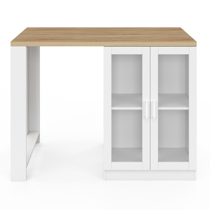 LINO 120 cm 2-persoons centraal eiland in wit hout met werkblad in beukeneffect en glazen deuren