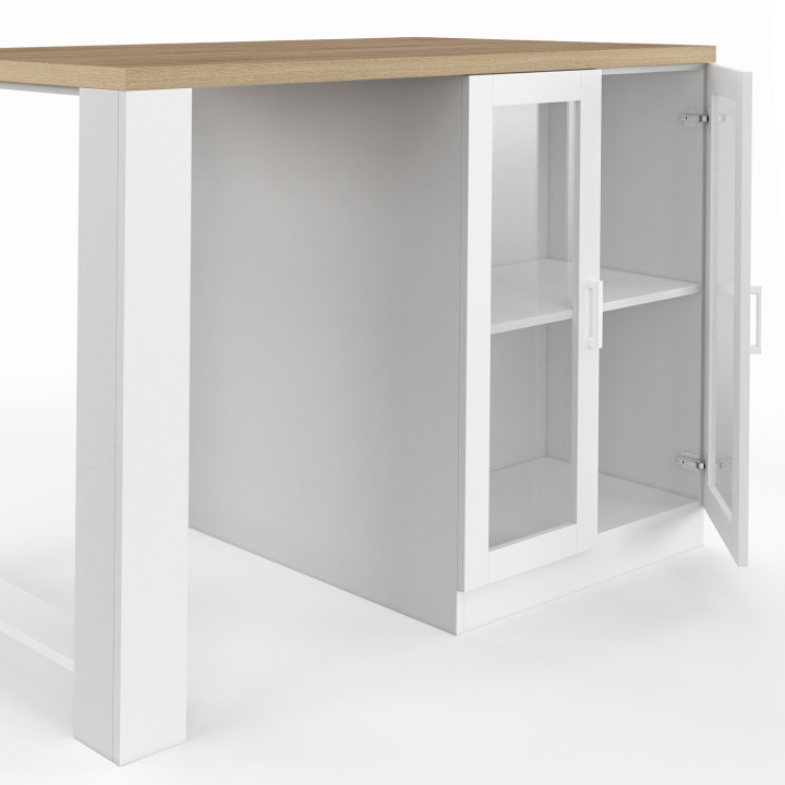 Isola centrale LINO 120 cm per 2 persone in legno bianco con piano di lavoro effetto faggio e ante in vetro
