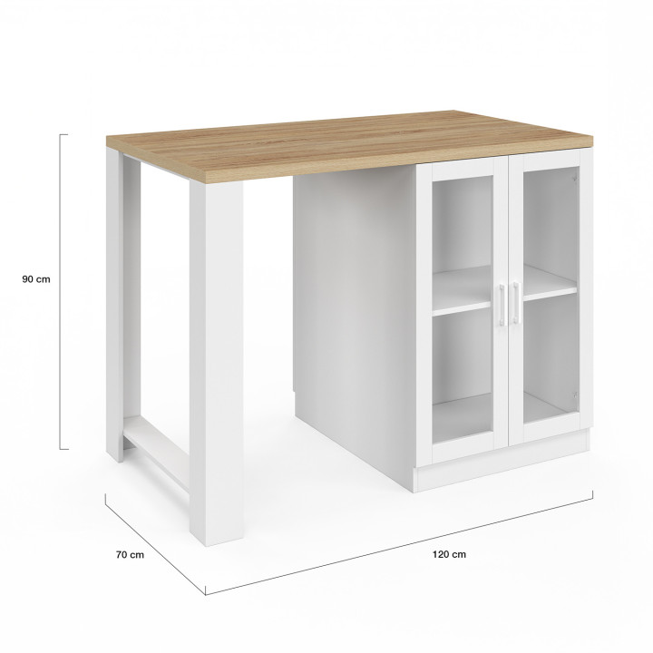 LINO 120 cm 2-persoons centraal eiland in wit hout met werkblad in beukeneffect en glazen deuren