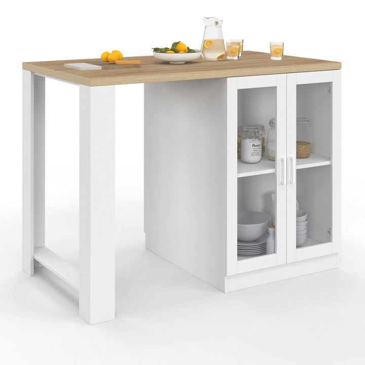 LINO 120 cm 2-persoons centraal eiland in wit hout met werkblad in beukeneffect en glazen deuren