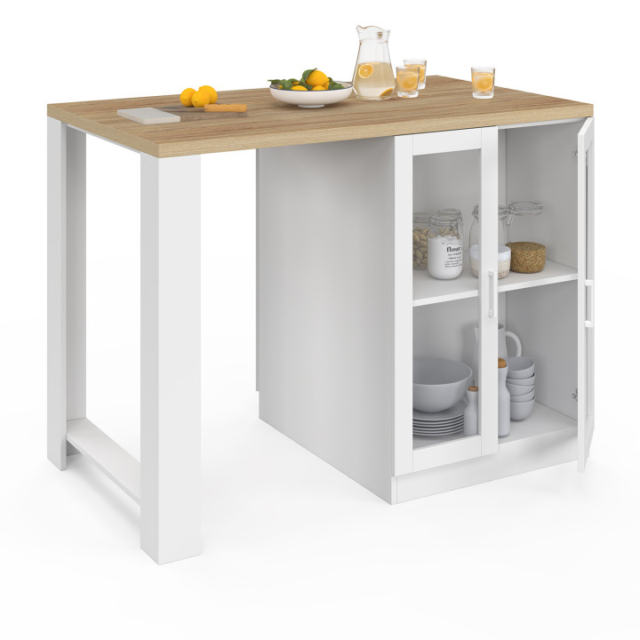 LINO 120 cm 2-persoons centraal eiland in wit hout met werkblad in beukeneffect en glazen deuren