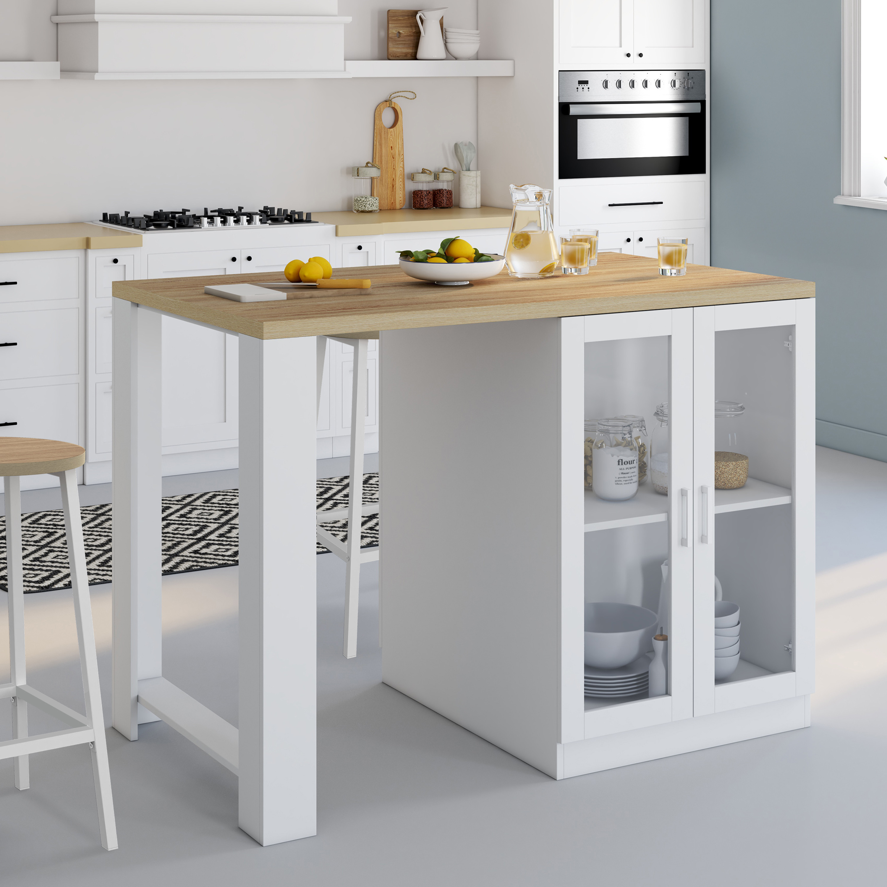 Ilot de cuisine central bois blanc 120 cm avec portes vitrées et rangements