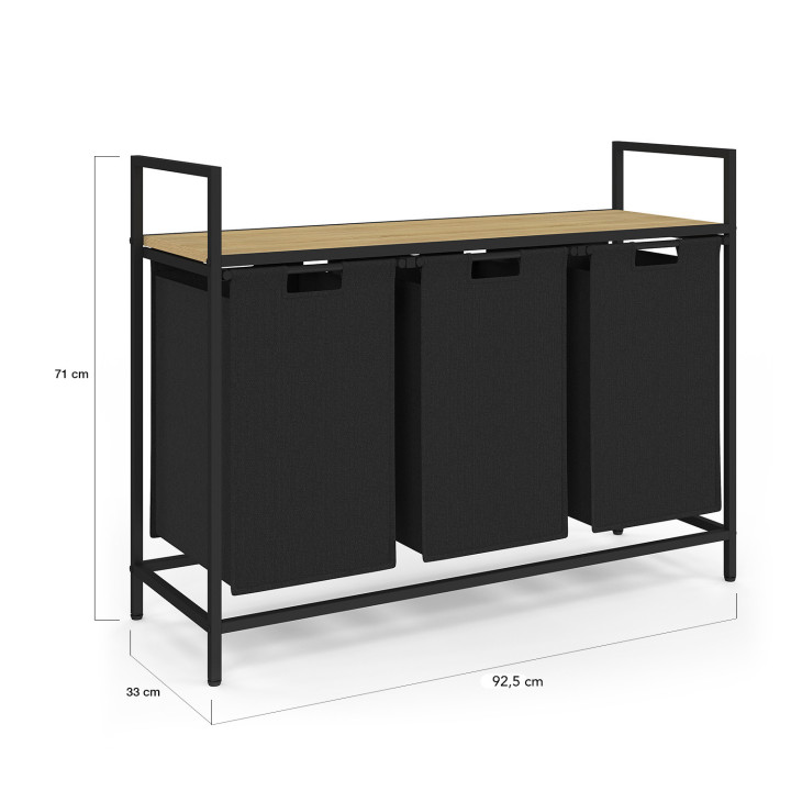 Panier à linge 3 bacs DETROIT tissu noir design industriel