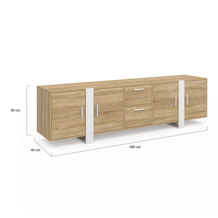 180 cm PHOENIX Porta TV a 4 ante + 2 cassetti in legno e bianco
