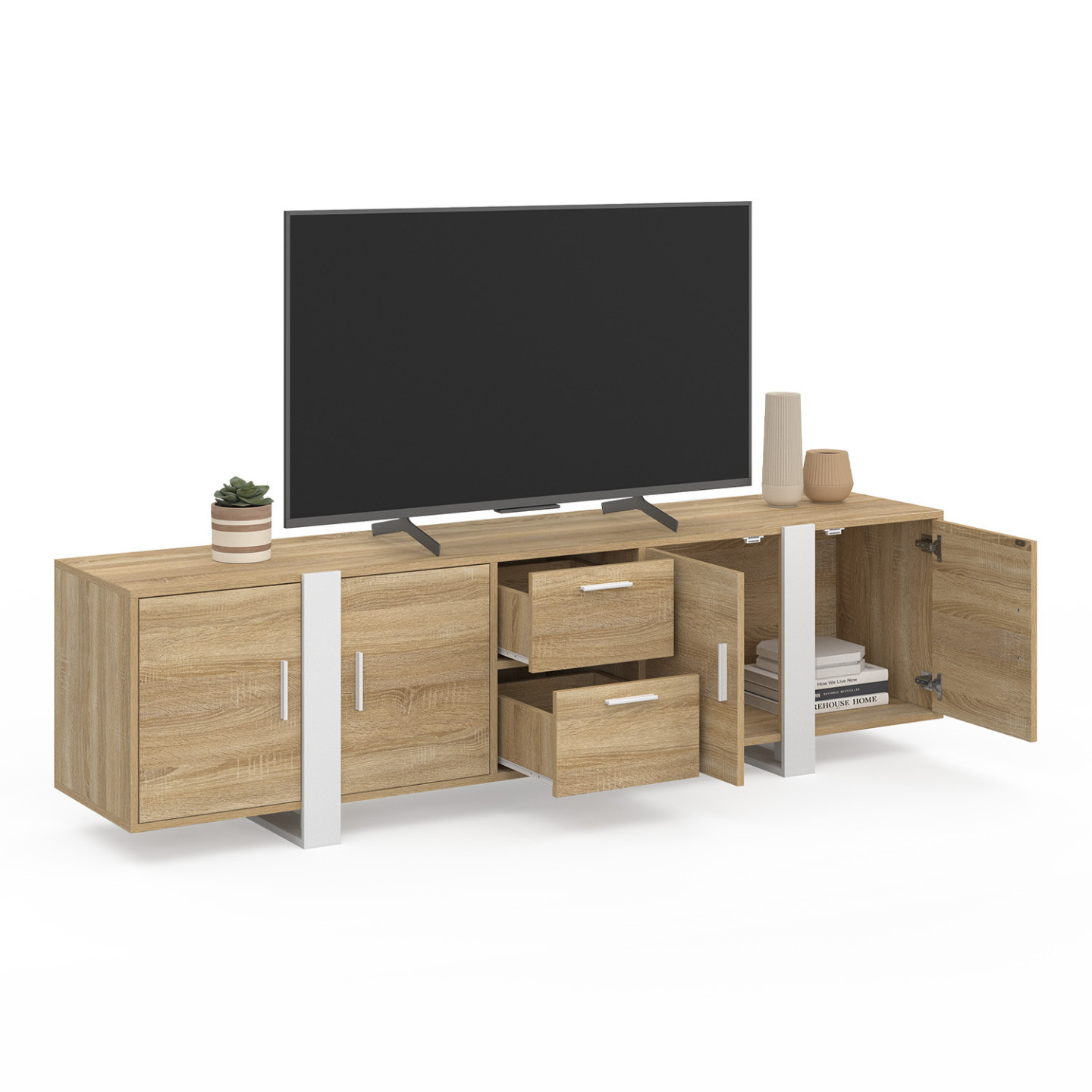 Meuble TV 180 Cm Malo – Bois Et Blanc, 2 Placards, 4 Niches, Plateau Pour écran Jusqu’à 70 Pouces