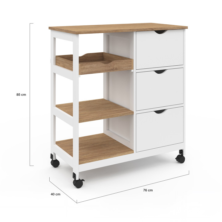 Aparador de cocina extraíble con 3 cestas y 1 bandeja efecto blanco y haya 76 cm - MUNA | ID Market