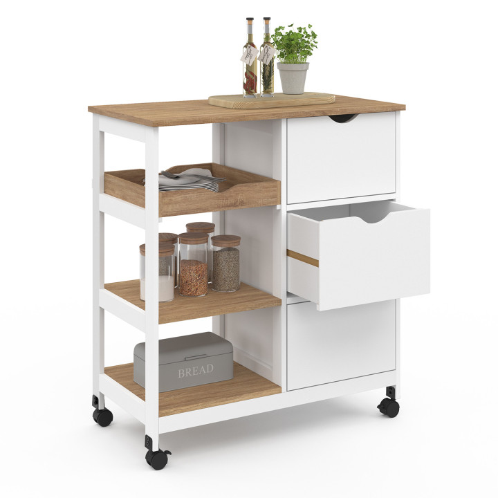 Aparador de cocina extraíble con 3 cestas y 1 bandeja efecto blanco y haya 76 cm - MUNA | ID Market