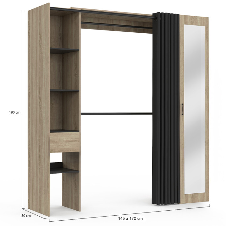 Dressing extensible MADISON 145/170 x 50 x 180 cm hêtre avec étagères + double penderie + miroir + rideau noir