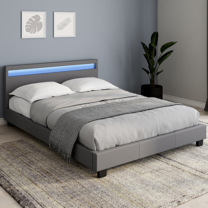 Grijs bed met ledverlichting 140x190 cm - NEO | ID Market