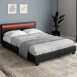 Lit double NEO avec tête de lit LED intégrées et sommier 140 x 190 cm PVC noir