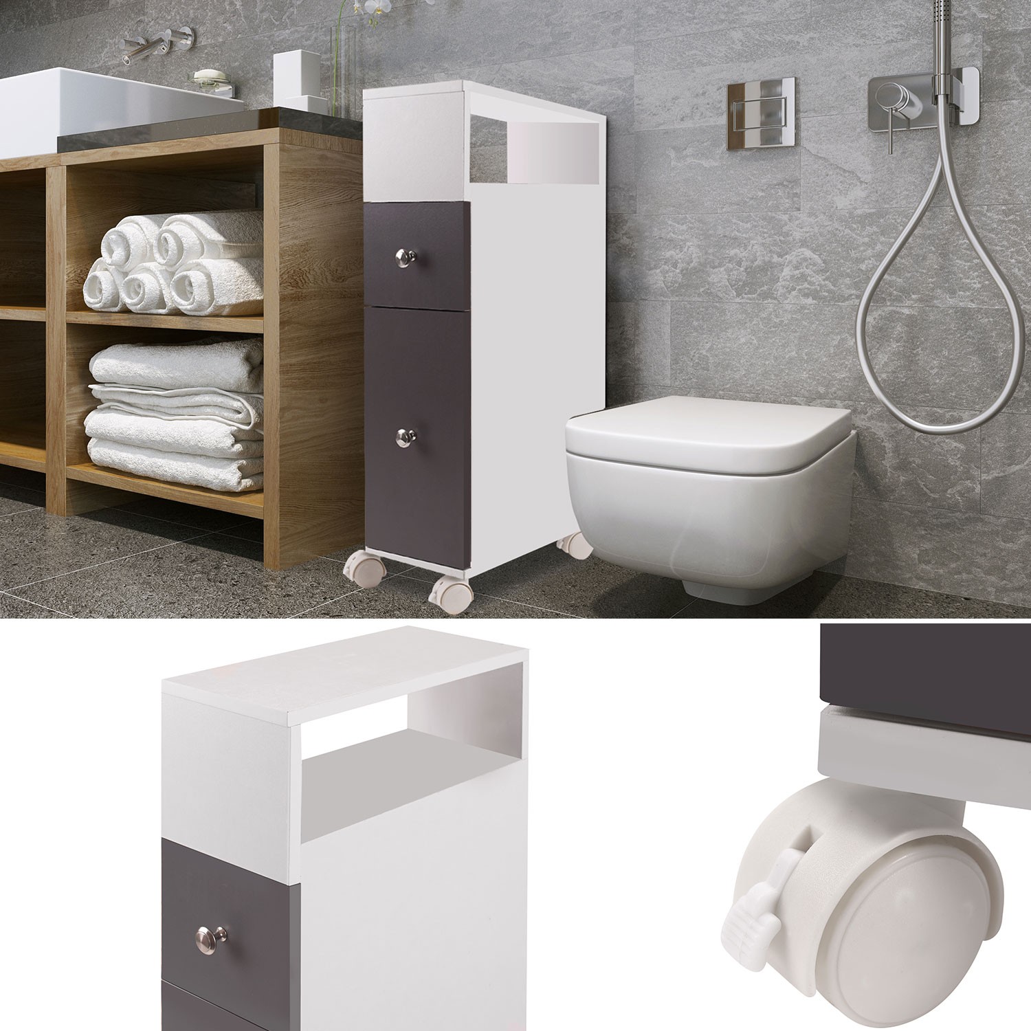 Meuble rangement WC sur roulettes 2 tiroirs gris Meubles et aménag...