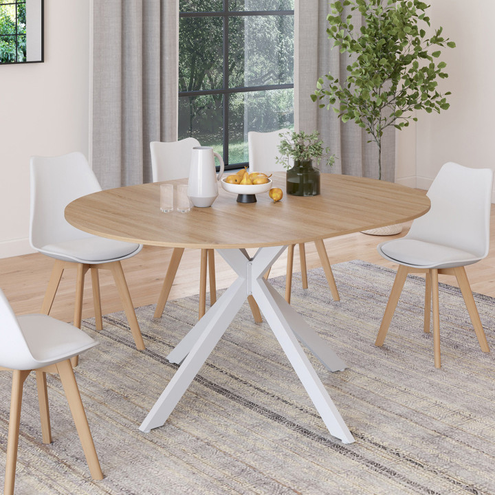 Table à manger extensible ronde ALIX 6-8 personnes pied araignée bois et blanc 110-150 cm