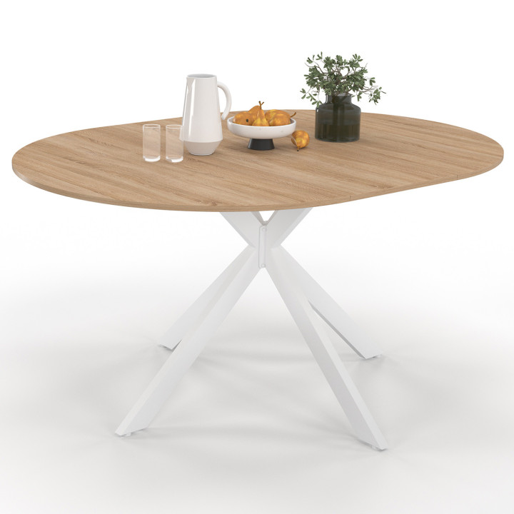Table à manger extensible ronde ALIX 4-8 personnes pied araignée bois et blanc 110-150 cm