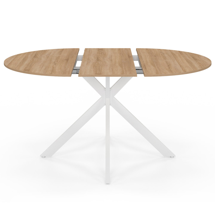 Table à manger extensible ronde ALIX 6-8 personnes pied araignée bois et blanc 110-150 cm