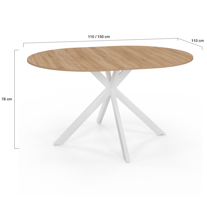 Table à manger extensible ronde ALIX 6-8 personnes pied araignée bois et blanc 110-150 cm