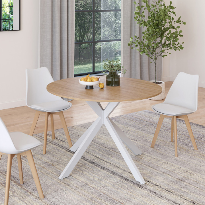 Table à manger extensible ronde ALIX 6-8 personnes pied araignée bois et blanc 110-150 cm