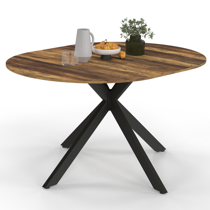 Table à manger extensible ronde ALIX 6-8 personnes pied araignée bois foncé effet vieilli et noir HAWKINS 110-150 cm