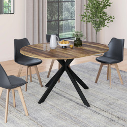 Table à manger extensible ronde ALIX 4-8 personnes pied araignée bois foncé effet vieilli et noir HAWKINS 110-150 cm
