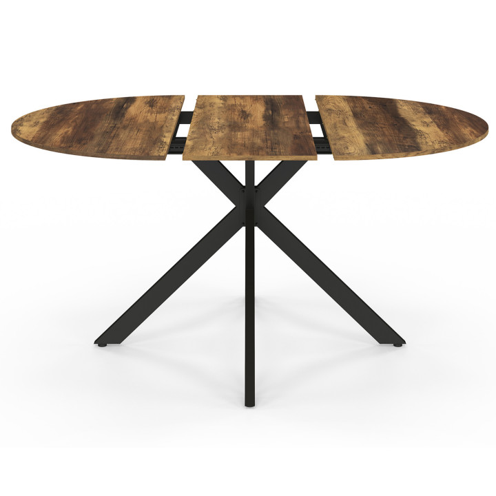 Table à manger extensible ronde ALIX 6-8 personnes pied araignée bois foncé effet vieilli et noir HAWKINS 110-150 cm