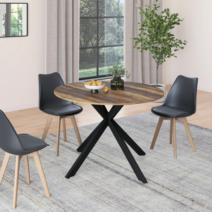 Table à manger extensible ronde ALIX 4-8 personnes pied araignée bois foncé effet vieilli et noir HAWKINS 110-150 cm