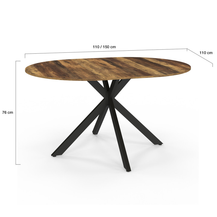 Table à manger extensible ronde ALIX 6-8 personnes pied araignée bois foncé effet vieilli et noir HAWKINS 110-150 cm