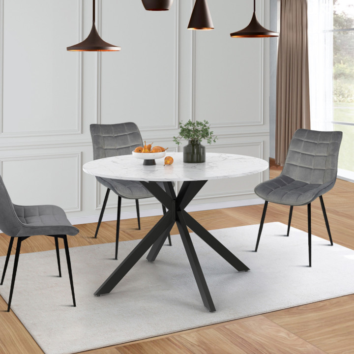 Tavolo da pranzo rotondo allungabile ALIX, 4-8 persone, gamba a ragno in metallo nero, piano effetto marmo ALASKA, 110-150 cm