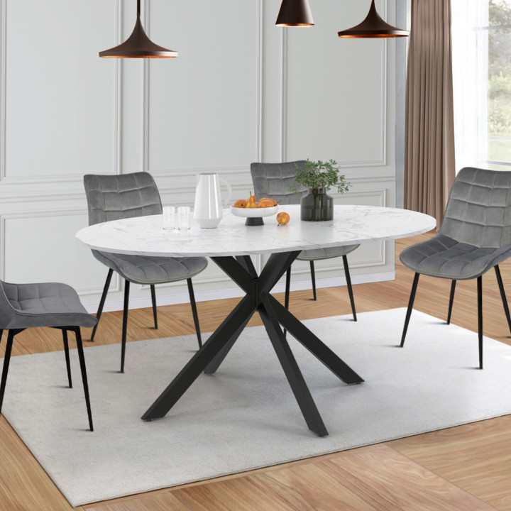 Tavolo da pranzo rotondo allungabile ALIX, 4-8 persone, gamba a ragno in metallo nero, piano effetto marmo ALASKA, 110-150 cm
