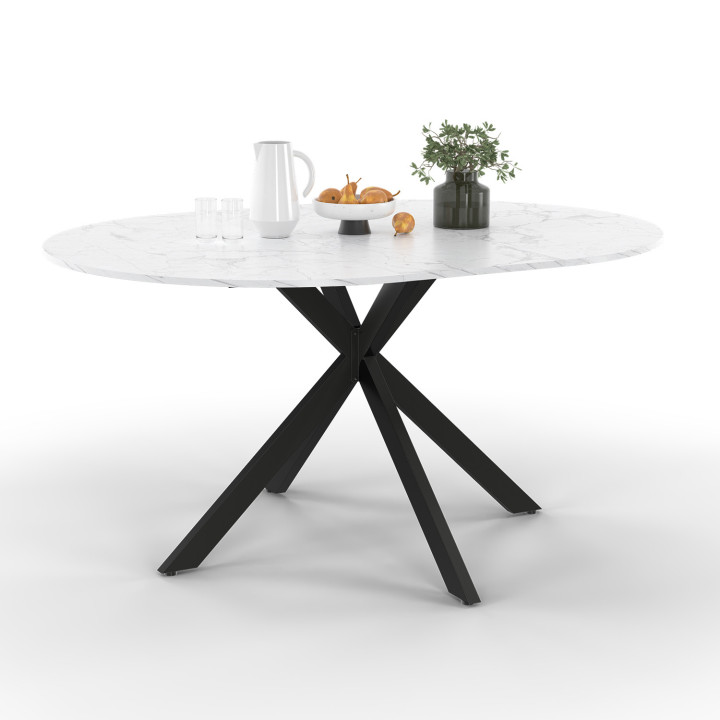 Tavolo da pranzo rotondo allungabile ALIX, 4-8 persone, gamba a ragno in metallo nero, piano effetto marmo ALASKA, 110-150 cm