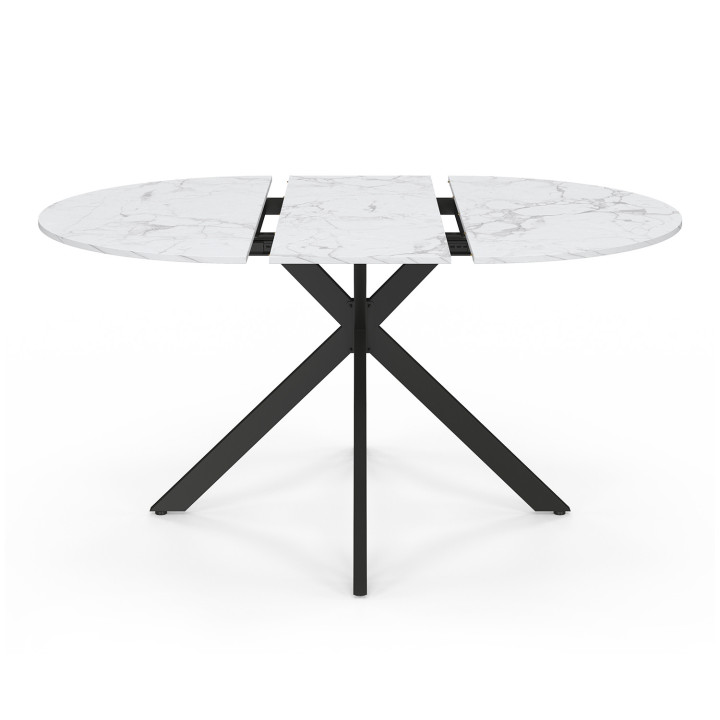 Tavolo da pranzo rotondo allungabile ALIX, 4-8 persone, gamba a ragno in metallo nero, piano effetto marmo ALASKA, 110-150 cm