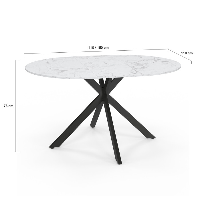 Tavolo da pranzo rotondo allungabile ALIX, 4-8 persone, gamba a ragno in metallo nero, piano effetto marmo ALASKA, 110-150 cm